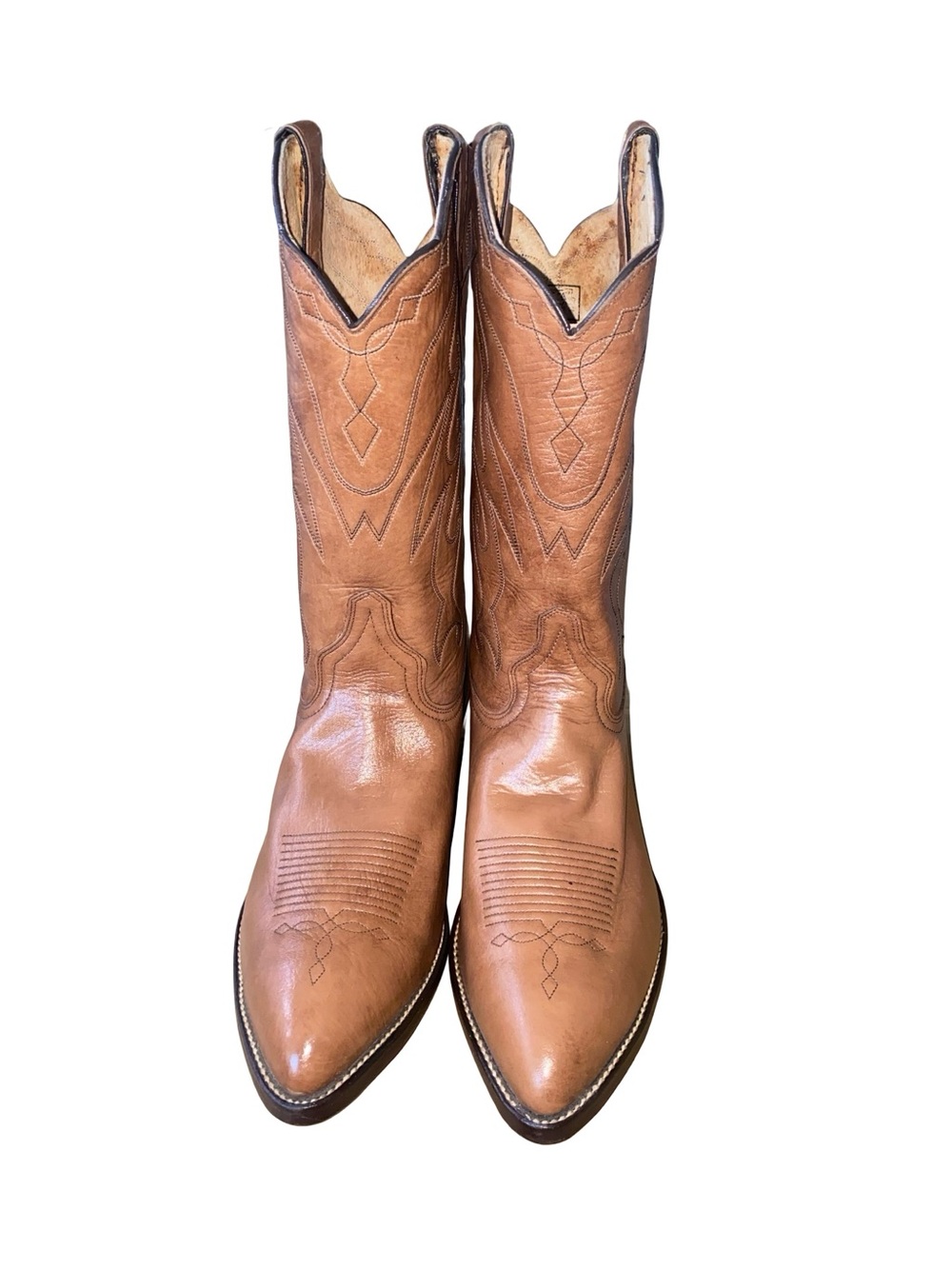 Imperial Vintage Western Cowboy Boots Tan Leather Stitched Tall Pointed‎ Toe